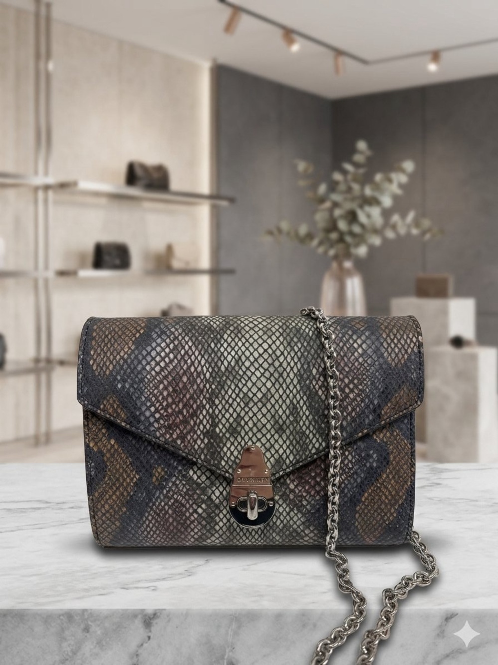Calvin Klein Snake-Embossed Leather Crossbody Bag in Olive Brown